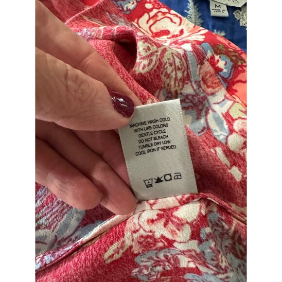 John Mark Women Chambray Blue Red Floral Embroidered Linen Cottage Peasant Top M - Picture 8 of 9